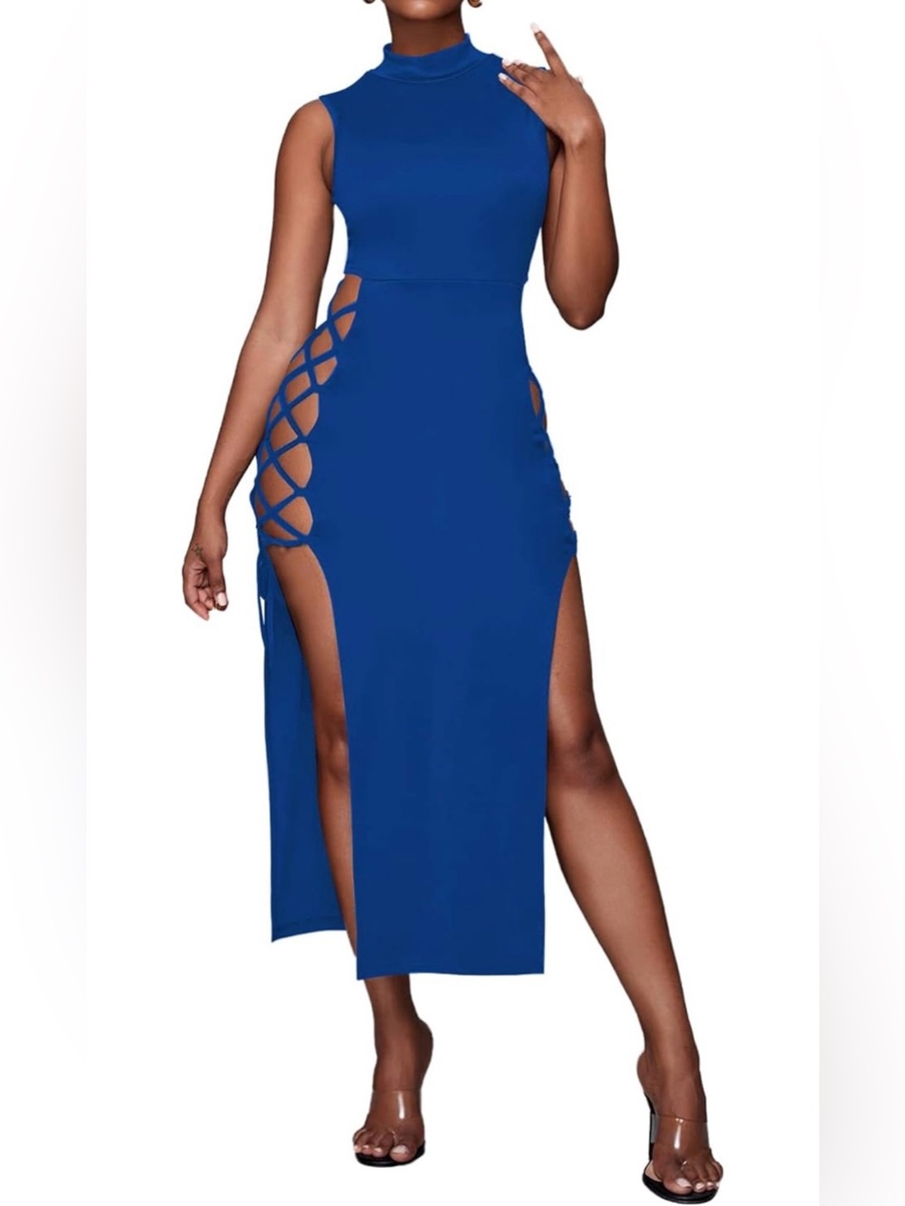 Sleeveless Royal Blue High-Slit Maxi Dress with Side Lattice